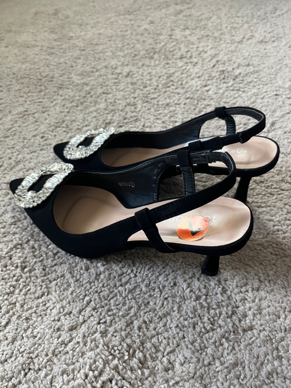TOP Moda Black Pointed Slingback Kitten Heels with Crystal Buckle - Picture 4 of 13